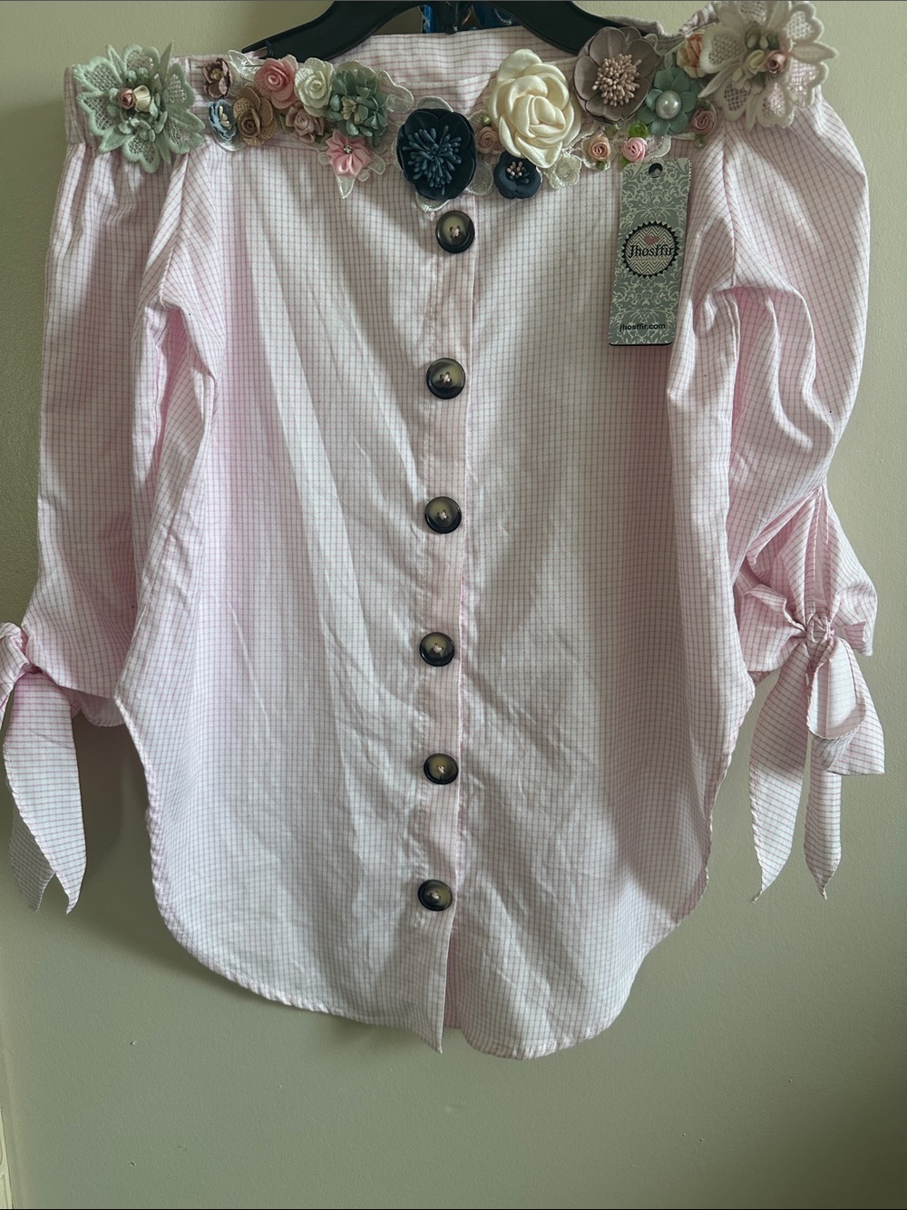 Embellished Off-Shoulder Pink Button-Down Blouse